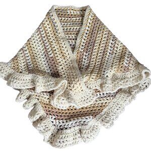 Handmade Beige Brown Cream Crochet Knit Shawl Wrap With Ruffled Edges Soft NEW